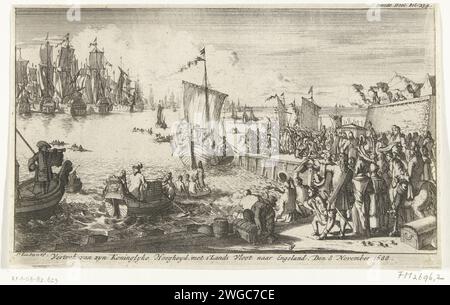 Départ de Willem III pour l'Angleterre, 1688, 1692 - 1694 imprimer le prince Guillaume III part avec la flotte de Hellevoetsluis pour l'Angleterre, le 11 novembre 1688. Le prince est amené à son navire dans un bateau à rames. Marqué en haut à droite : deuxième partie fol. 234. Nord des pays-Bas gravure sur papier / gravure départ  voyager Hellevoetsluis Banque D'Images