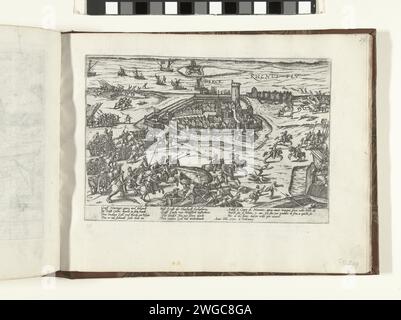 Rheinberg passe aux Espagnols, 1590, 1590 - 1592 estampe Rheinberg est transféré aux Espagnols, 3 février 1590. Épisode de la guerre de Keulse. Avec légende de 8 lignes en allemand et 3 lignes en français. Non numéroté. Gravure de papier Cologne capture de la ville (après le siège) Rijnberg Banque D'Images