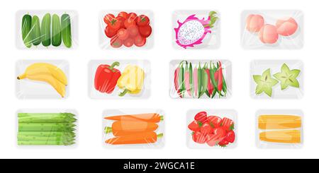 Légumes frais et fruits dans des plateaux en plastique avec emballage transparent en polyéthylène. Vue de dessus des emballages alimentaires et des conteneurs enveloppant avec film de polyéthylène transparent pour illustration vectorielle de dessin animé de stockage Illustration de Vecteur