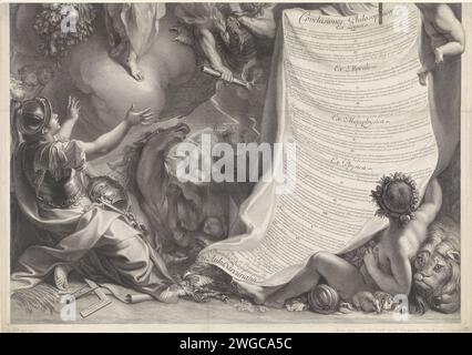 Allégorie sur le pouvoir de Louis XIV, Gérard Edelinck, d'après Charles le Brun, 1680 imprime la partie inférieure d'une estampe sur laquelle le roi Louis XIV, en tenue romaine, est couronné par la personnification de l'immortalité et lui apporte la paix. Le texte sur la toile déployée donne les principaux points d’un tract philosophique de J.B. Colbert de Croissy. Print Maker : Parisafter dessin par : Parisprint Maker : Paris (possiblement)France gravure sur papier Banque D'Images