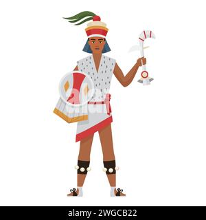 Guerrier aztèque de l'ancienne tribu, homme dans la couronne de coiffe tenant bouclier et illustration vectorielle d'arme Illustration de Vecteur