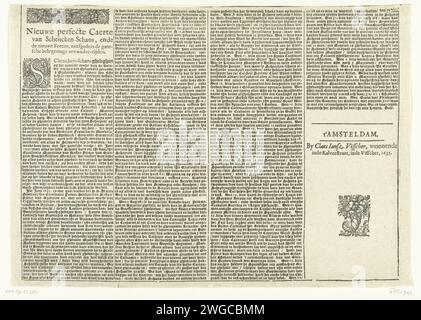 Tekstblad utilisé sur la carte de Schenckenschans assiégée par Frederik Hendrik, 1635, 1635 feuille de texte Tekstblad utilisé sur la carte du siège de Schenckenshans par l'armée d'État dirigée par Frederik Hendrik, à partir du 30 juillet 1635. La dernière date du texte est le 4 septembre. Feuille avec quatre colonnes de texte en néerlandais, fermée par un fleuron sous l'adresse. Impression typographique papier Amsterdam Schenkhans Banque D'Images