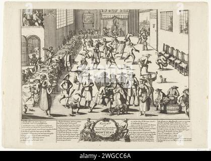 Dessin animé sur un mariage menniste, ca. 1700, 1690 - 1710 imprimer Cartoon sur un mariage Menniste. Grande salle dans laquelle tous les visiteurs d'un repas de mariage sont affectés par une diarrhée aiguë, avec toutes ses conséquences. A l'avant à gauche à la table (n° 1) le coupable que les haricots purgar a mis dans les œuvres. Au premier plan, une dame soulève sa jupe supérieure, à droite trois hommes sur une baignoire. Dans la légende de Legenda 1-27, dans laquelle Menno Simons, Jan van Leiden et Bernard Kleiperdollinck sont rapportés. La plaque découpée en haut. Fête de mariage en papier gravure du nord des pays-Bas, repas de mariage. défécation Banque D'Images