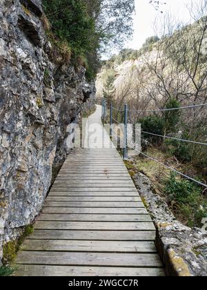 Pont en bois sur la montagne. Cueva de las Güisas Villanua. Paysage d'un sentier de randonnée forestier Banque D'Images