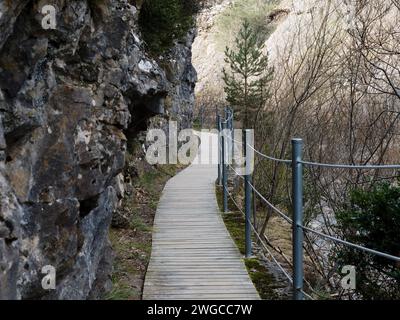 Pont en bois sur la montagne. Cueva de las Güisas Villanua. Paysage d'un sentier de randonnée forestier Banque D'Images