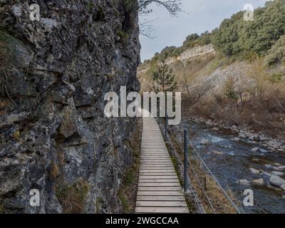 Pont en bois sur la montagne. Cueva de las Güisas Villanua. Paysage d'un sentier de randonnée forestier Banque D'Images