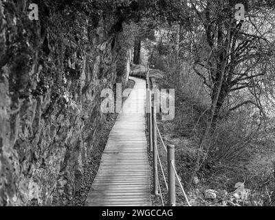 Pont en bois sur la montagne. Cueva de las Güisas Villanua. Paysage d'un sentier de randonnée forestier Banque D'Images