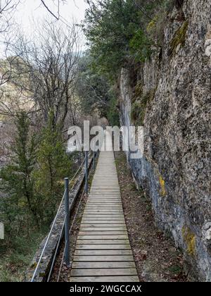Pont en bois sur la montagne. Cueva de las Güisas Villanua. Paysage d'un sentier de randonnée forestier Banque D'Images