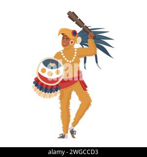 Guerrier aztèque, homme avec des plumes tribales sur la tête, bouclier rituel et illustration vectorielle d'arme en bois Illustration de Vecteur