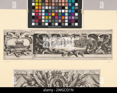 Siège de la Rochelle, septembre 1627 - octobre 1628 (périphérique, partie à gauche) (copie), 1631 - 1639 tirage gros caractères du siège de l'Hugenotenbolwerk la Rochelle dans les années 1627 et 1628, commandé par le roi de France par l'armée française dirigée par le cardinal Richelieu. Randwerk, partie en bas à gauche (copie). Sur cette feuille à gauche une représentation d'une tour en bois dans la mer et au centre ; à droite une représentation (entourée d'attributs militaires) de prisonniers de guerre anglais qui sont conduits pour le roi Louis XIII France papier gravure / gravure ornement  cartouche. prisonnier de guerre (après th Banque D'Images