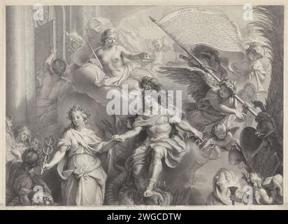 Allégorie sur le pouvoir de Louis XIV, 1680 imprimé partie supérieure d'une estampe à partir de deux parties. Le roi Lodewijk XIV, en tenue romaine, piétine un monstre tandis que la personnification de l'immortalité le couronne et prend la paix. Un ange avec un drapeau pointe vers une armure, attaché à un palmier. Imprimeur : Parisafter dessin par : ParisFrance gravure sur papier Banque D'Images