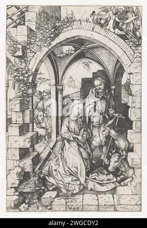 De GeboRorte van Christus, Martin Schongauer, v. 1470 - 1491 estampe dans un bâtiment délabré, Maria s'agenouille devant l'enfant Christ. Joseph se tient à côté d'elle avec une lampe. Regardez un bœuf et un âne. Des bergers arrivent au bâtiment. En arrière-plan, vous pouvez voir comment un ange leur a apporté la nouvelle de la naissance du Christ. Allemagne gravure sur papier adoration du Christ-enfant par Marie et Joseph. Adoration du Christ-enfant par les bergers ; Marie et Joseph sont présents. Marie, Joseph et le Christ nouveau-né (Nativité). annonciation de la naissance du Christ aux bergers (et/ou bergers) la nuit ; a Banque D'Images