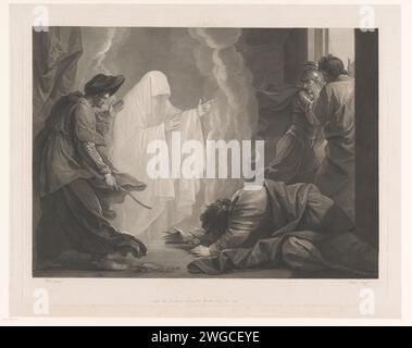 Saul et la sorcière d'Endor, William Sharp, d'après Benjamin West, imprimeur de 1788 : Englandeditor : London paper gravure / gravure le fantôme de Samuel apparaît à la sorcière d'Endor ; Saul tombe prostré au sol Banque D'Images