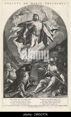 Christ vainqueur de la mort et du mal, Raphaël Sadeler (II), d'après Hans von Aachen, 1614 print Christ se lève de sa tombe. Une bannière dans sa main. Il piétine le serpent, symbole du péché. Les soldats se réveillent autour de la tombe. Le diable et la mort fuient à droite. L'impression a une légende latine. München le Christ gravé sur papier, tenant habituellement une bannière, surgit de la tombe ; souvent combiné avec des soldats endormis et/ou effrayés (+ diable(s)). Mort comme cadavre (pourri). diable en forme humaine. serpents Banque D'Images