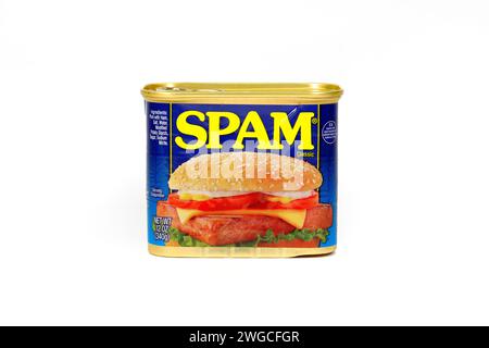 Une boîte de Hormel Foods SPAM Classic boîte de viande de porc transformée isolée sur un fond blanc. découpe pour illustration et utilisation éditoriale. Banque D'Images