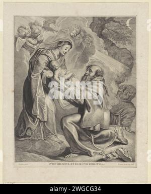 Visioen de H. Franciscus van Assisi, Cornelis Visscher (II), d'après Pierre Paul Rubens, 1638 - 1658 imprimer le Saint François d'Assise est dans un paysage rocheux et a une vision que Marie lui tend l'enfant Christ afin qu'il puisse le garder dans ses bras. Gravure sur papier / gravure la Vierge Marie remettant l'enfant Christ à Saint François d'Assise Banque D'Images