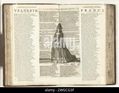 Madame de Maintenon comme la France plaignante, 1706, 1706 impression Madame de Maintenon comme la France plaignante, se démarquant, habillée en veuve, 1706. Dans la plaque tous les versets et inscriptions en néerlandais. Versets imprimés en néerlandais et en français sur le magazine de chaque côté de la plaque. N° de page 15 (numéroté en haut à droite) dans la série de 25 magazines intitulée : par joint à l'Almanach Koninglyke, appelé l'année Golde des alliés, 1706. Une partie du travail d'impression publié sous le titre de la collection : 't Lust-Hof of Momus, avec la série groupée de dessins animés au cours des années 1701-1713 de la Succ espagnole Banque D'Images