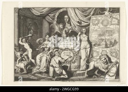 Allégorie sur les victoires alliées en l'an 1702, 1703 imprimer allégorie sur les victoires alliées sur les Français en l'an 1702. Le buste du roi Guillaume III décédé à Lauwerkrans avec légende, a laissé la reine Anna assise sur son trône et Hercule échantillons blâmant ; à droite la liberté avec le Lion hollandais sur une scène de la victoire dans la bataille maritime dans la baie de Vigo. Bataille de gravure / gravure sur papier du nord des pays-Bas (+ force navale). Liberté, liberté ; 'Libertà' (Ripa) Banque D'Images