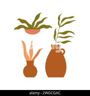 Pots marocains en argile avec des plantes. Illustration vectorielle de dessin animé d'objets décoratifs orientaux Illustration de Vecteur