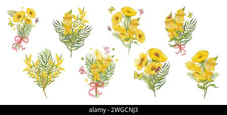 Un grand ensemble de compositions avec des fleurs. Bouquets de fleurs jaunes. Bouquets avec papillons et coccinelles. Conception pour cartes postales, salutations Banque D'Images