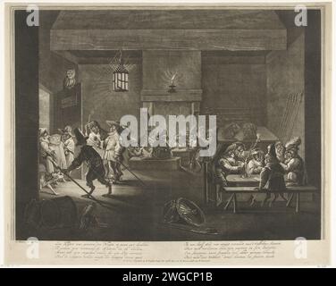 Salle d'attente avec singes, ca. 1720, Matthijs Pool, d'après David Teniers (II), 1710 - 1730 imprimer salle d'attente ou Kortegaard dans lequel les singes aiment les soldats et les dés, boivent et fument, un chat est amené par deux attendant à la porte. Deux versets de quatre lignes dans la légende. Amsterdam gravure sur papier / gravure d'animaux agissant en tant qu'êtres humains. singes, singes. dans la salle de garde, 'kortegaard' Banque D'Images