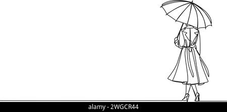 dessin continu à une seule ligne de femme portant un manteau d'été tenant un parapluie, illustration vectorielle d'art au trait Illustration de Vecteur
