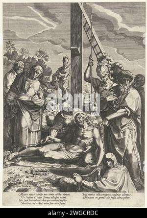 Bhranité du Christ sous la Croix, Anonyme, d'après Cornelis Cort, d'après Girolamo Muziano, 1593 print Christ au pied de la croix, soutenu par Marie. John est à côté d'elle. Au premier plan sur la gauche veronica avec le tissu de sueur dans vos mains. Derrière elle Joseph d'Arimathie et des soldats. Rome papier gravure lamentation sur le Christ mort par ses parents et amis (Christ généralement sans couronne d'épines) Banque D'Images