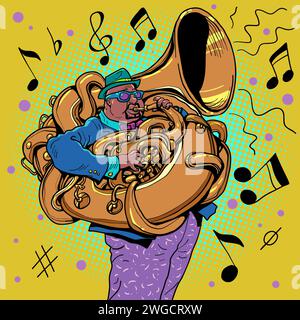 Instrument de musique et notes. Un homme joue du cor. Jazz dans votre restaurant ou club. Dessin à la main de dessin animé pop art rétro illustration vectorielle Illustration de Vecteur