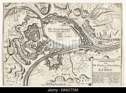 Carte de la ville de Namur avec château, assiégée par l'armée française en 1692 et reprise par les alliés en 1695, 1695 - 1699 imprimer carte des noms de ville avec château, assiégée et prise par l'armée française en 1692 et reprise par les alliés en 1695. Cartes de gravure papier des pays bas des noms de villes (ville). Château de Namur Banque D'Images