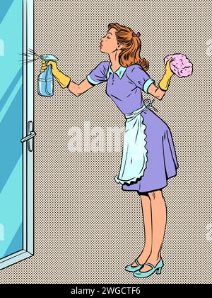 Service de nettoyage pour nettoyer votre maison. Femme au foyer responsable nettoie la maison. Une fille en uniforme lave une porte vitrée. Figurine pop art de bande dessinée Illustration de Vecteur