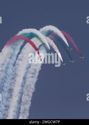 Riyad, Arabie saoudite. 4 février 2024. Saudi Hawks, l'équipe de voltige de la Royal Saudi Air Force, présente un spectacle aérien lors de la deuxième édition du World Defense Show à Riyad, en Arabie Saoudite, le 4 février 2024. Crédit : Wang Dongzhen/Xinhua/Alamy Live News Banque D'Images