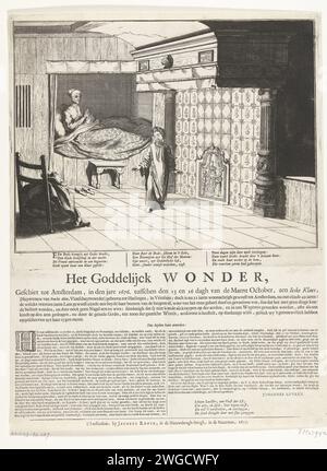 La merveilleuse guérison de Jeske Klaes, 1676, 1677 imprimer la merveilleuse guérison de Jeske Klaes, a eu lieu entre le 13-16 octobre 1676 à Amsterdam. La femme se tient debout dans son lit-boîte et remercie l'ange, dans le vom d'un garçon d'environ 10 ans, pour la guérison de ses jambes paralysées. Dans la planche 3 versets de 4 lignes, sous la feuille une description du miracle en 2 colonnes. Imprimeur : Northern Netherlandspublisher : Amsterdam gravure sur papier / impression typographique guérison miraculeuse. Angels Amsterdam Banque D'Images