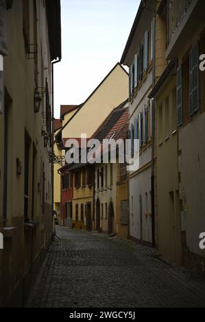 Paysage urbain avec vue panoramique sur les anciens bâtiments alsaciens à colombages à Molsheim, Alsace France. Banque D'Images