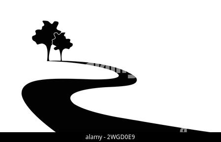 conception de logo de route et d'arbres, icône de route sinueuse et signe de paysage, symbole vectoriel dans un style plat isolé sur fond blanc et espace de copie Illustration de Vecteur