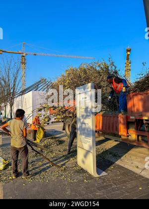 Suzhou, Chine, projet urbain environnemental chinois ,'Suzhou Musem West', chantier de construction, dans le centre-ville, travailleurs migrants à faible revenu, ouvriers, Banque D'Images