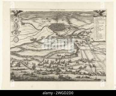 Carte avec le relief de Leiden, 1574, 1673 - 1703 imprimer carte avec le relief de Leiden en un mot, 3 octobre 1574. Au sommet, au premier plan l'armée du prince à Scheepjes sur l'eau. En haut à gauche un pigeon avec des exemples de l'argent d'urgence en papier suspendu en circulation pendant le siège. En haut à droite un deuxième pigeon qui porte la légende 1-20. Cartes gravées sur papier Amsterdam de pays ou de régions distincts. lever le siège avec l'aide extérieure, secours. Affrontez Leiden Banque D'Images