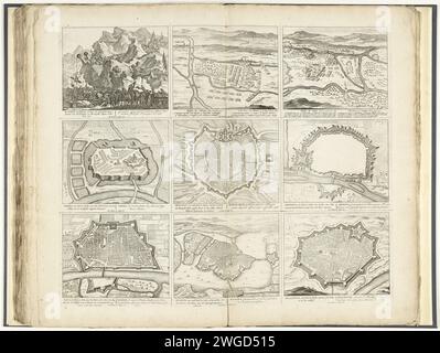 Théâtre de la guerre (page II), 1701-1702, 1741 - 1769 imprimer feuille avec neuf représentations d'événements des années 1701-1702 de la guerre de succession d'Espagne. Inscriptions dans la représentation en néerlandais et en latin. Plaque 27 dans le travail d'impression avec la série groupée de 33 plaques avec des performances (la plupart divisée en 9 scènes plus petites) des événements de la 1700-1727 de la guerre de succession d'Espagne et les années suivantes, des cartes et des cartes. Imprimeur : Northern Netherlandspublisher : Amsterdampublisher : Amsterdam paper graving Battle (+ forces terrestres). cartes des villes. Fortress Cream. Milane. Cremona. Pavia. Banque D'Images