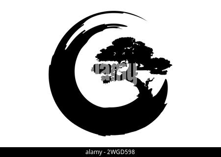 Enso Zen Circle et Bonsai Tree, dessiné à la main à l'encre noire dans le style traditionnel japonais sumi-e, conception de logo Vector dans le style d'art Paint Brush, isolé Illustration de Vecteur