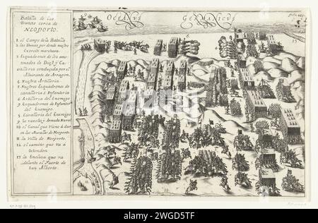 La bataille de Nieuwpoort, 1600, 1600 - 1624 imprimer la bataille de Nieuwpoort, 2 juillet 1600. Combats sur la plage et dans les dunes entre l'armée de l'Etat sous Maurits et les troupes espagnoles sous Albrecht. A gauche la légende 1-13 en italien. Italie gravure sur papier / gravure bataille (+ forces terrestres) Nieuwpoort (Belgique) Banque D'Images