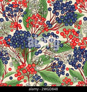 Viburnum rowan sureau rouge baie bleu sans couture fond de motif vectoriel. Bouquet de fruits floraux d'automne illustration de jardin forestier frais Illustration de Vecteur