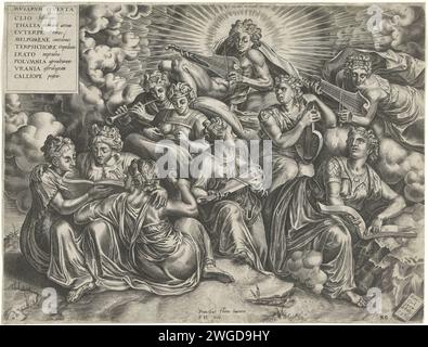 Apollo et de Muzen, Frans Huys, d'après Frans Floris (I), 1565 imprimer Apollo en compagnie des neuf muses sur le mont Parnasse. Apollo est au sommet et joue au treuil. Sous Apollo de Muzen avec un livre ou un instrument de musique. Dans le coin gauche, les noms des muses et les arts qui les accompagnent en latin. Anvers gravure sur papier Apollo et les Muses, Apollo Musagetes Banque D'Images