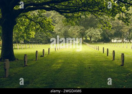 Bastogne, Belgique - 17 juillet 2021 : vue panoramique sur les tombes du cimetière de guerre allemand de Bastogne, la plupart des enterrés sont morts lors de la bataille de la Bu Banque D'Images