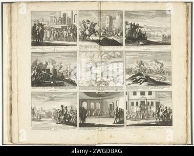 Théâtre de la guerre (page VIII), 1707, 1741 - 1769 imprimer feuille avec neuf représentations d'événements de l'année 1707 de la guerre de succession d'Espagne et des cartes des villes renforcées. Inscriptions dans la représentation en néerlandais et en latin. Plaque 7 dans le travail d'impression avec la série groupée de 33 plaques avec des performances (la plupart divisée en 9 scènes plus petites) des événements de la 1700-1727 de la guerre de succession d'Espagne et les années suivantes, des cartes et des cartes. Imprimeur : Northern Netherlandspublisher : Amsterdampublisher : Amsterdam papier gravure cartes des villes. Forteresse Milan. Naples. Gaeta. Toulon. Alma Banque D'Images