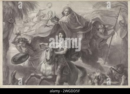 Portrait équestre allégorique de Louis XIV, roi de France, Gérard Edelinck, d'après Charles le Brun, 1677 estampe partie supérieure d'une estampe avec une allégorie sur la victoire du roi Louis XIV La Sainte Trinité tient la couronne française au-dessus de la tête du roi Louis XIV à cheval. En plus de ses deux anges, dont l'un détient un drapeau avec des zones conquises par la France. Print Maker : Parisafter design by : Parisprint Maker : Paris (possiblement)France gravure sur papier Banque D'Images