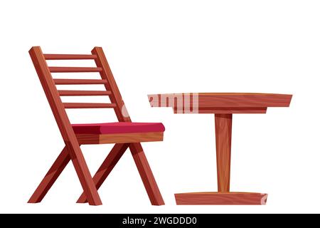 Table de pique-nique avec chaise ensemble de meubles en bois, bureau en bois avec construction rustique de jambe dans le style de bande dessinée isolé sur fond blanc. Table basse texturée en bois comique. Illustration vectorielle Illustration de Vecteur