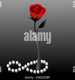 Rose rouge dans un vase sur fond noir avec des perles. Illustration de Vecteur