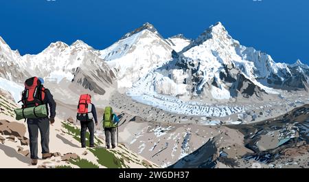 Mont Everest Lhotse et Nuptse du côté du Népal vu du camp de base de Pumori avec trois randonneurs, illustration vectorielle, Mont Everest 8848 m, vallée de Khumbu Illustration de Vecteur
