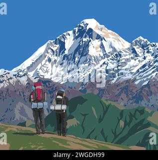 Mont Dhaulagiri pic du col de Jaljala et deux randonneurs avec de grands sacs à dos illustration vectorielle, Népal montagnes de l'Himalaya Illustration de Vecteur