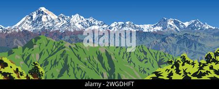 Mont Dhaulagiri et Mont Annapurna pics vus du passage de Jaljala illustration vectorielle, Népal montagnes de l'Himalaya Illustration de Vecteur