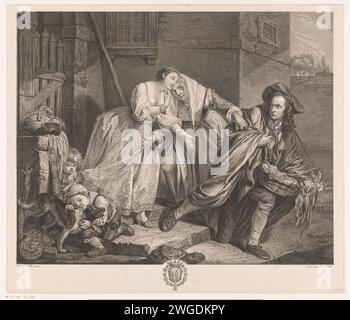 Jeune et vieille femme disent au revoir à un Marskramer, Pierre Etienne Moitte, d'après Jean-Baptiste Greuze, 1757 - 1780 imprimer Une jeune femme et une vieille femme se tiennent devant une maison avec deux jeunes enfants et un chien. La vieille femme a la main sur l'épaule d'un Marskramer partant. La jeune femme tient sa main gauche sous son menton et fait un « geste napoléonien » (la geste napolitain) qui symbolise le rejet. Gravure sur papier / gravure rejet. langage gestuel. pedlar Banque D'Images